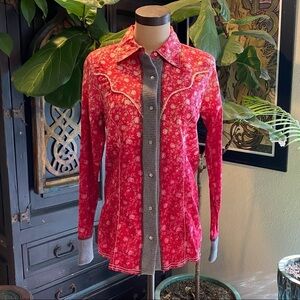Buckle BKE Boho Western Fitted Mixed Knit Pearl Snap Down Ombré Shirt